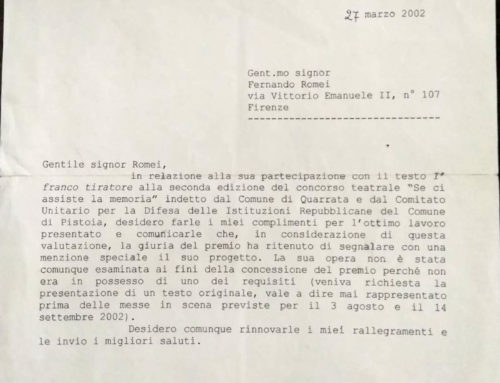 MENZIONE SPECIALE sindaco di Pistoia per “I’FRANCO TIRATORE”