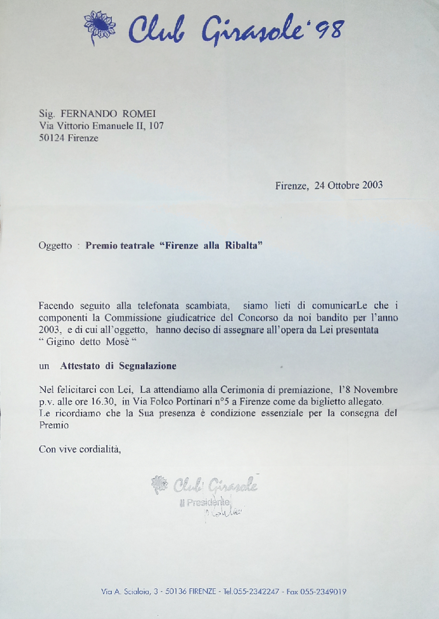 Gigino detto Mosè - Premio per il teatro "Firenze alla Ribalta" 2003 - Fernando Romei - Commedie - Firenze